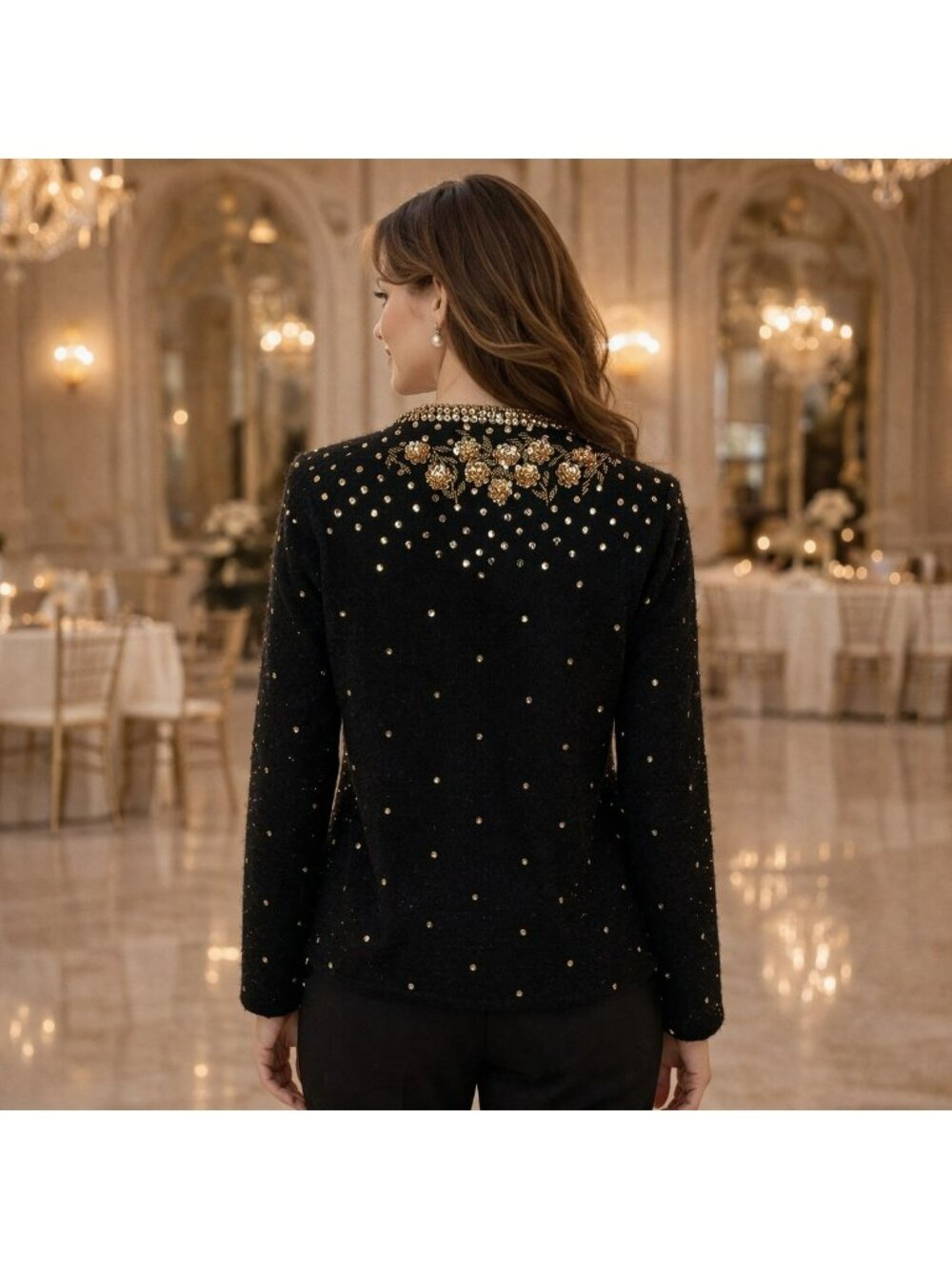 Vintage Black Cardigan Beaded With Gold Floral Embellishments & Sequins 48 - Picture 2 of 10